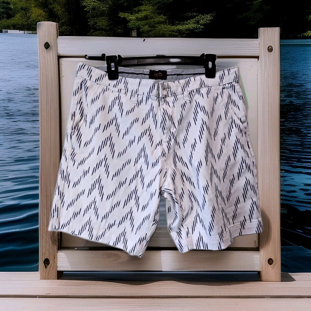 JACHS NY Men's‎ White & Navy Zigzag Chino Shorts Cotton Stretch Casual Preppy 32